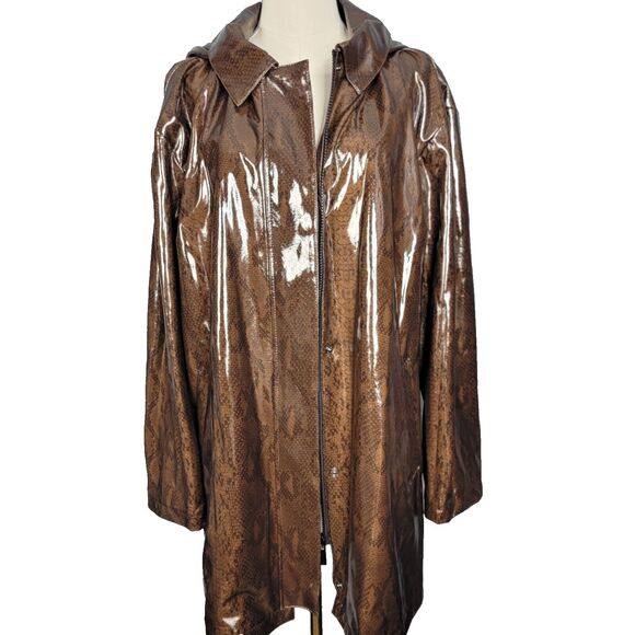 Nikki Jones Rain Jacket Size Large Brown Snakeskin Print Raincoat Shiny Hooded - Picture 8 of 16